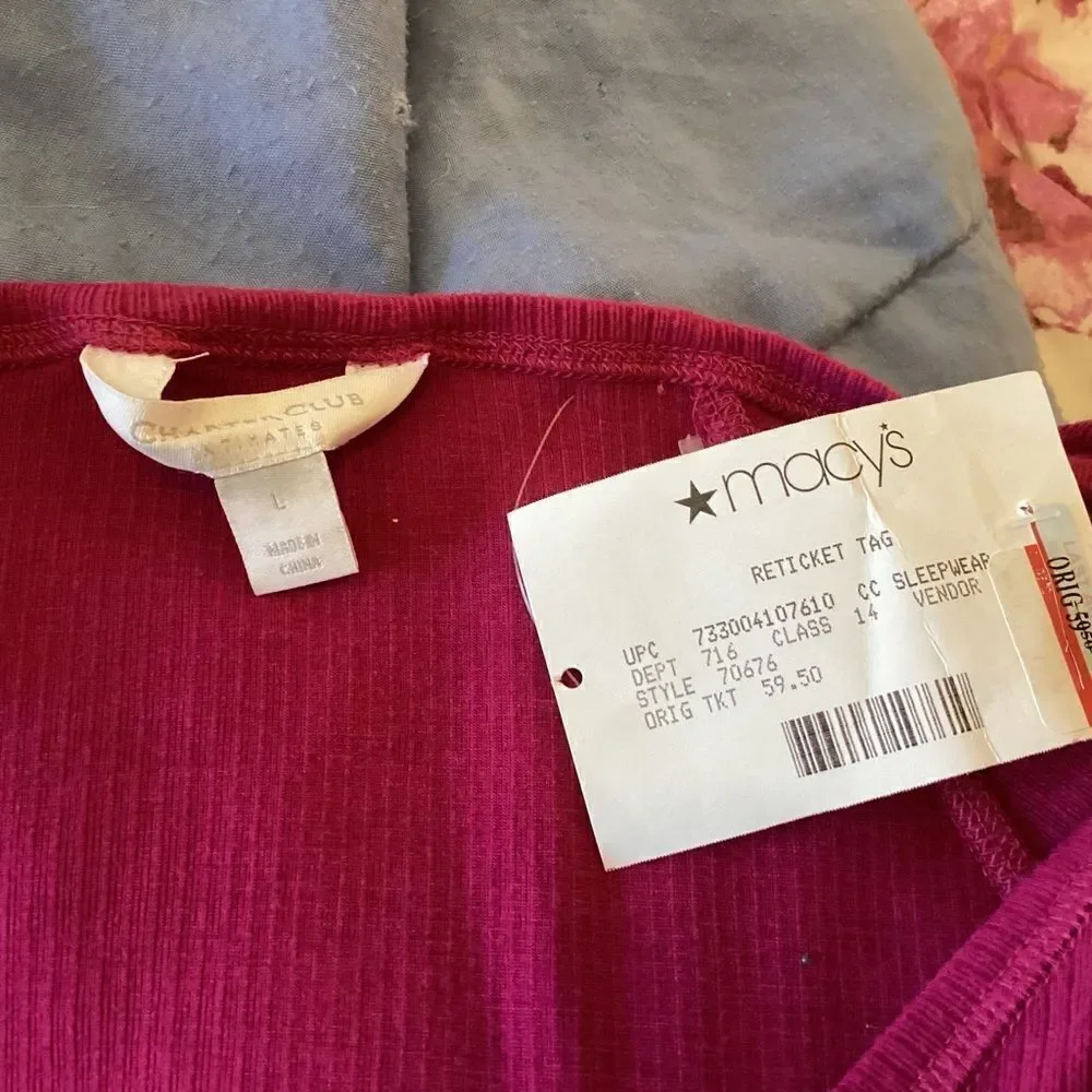 NWT. Charter Club Brand Women’s Cranberry Colored Jersey Knit PJ Top Size Large